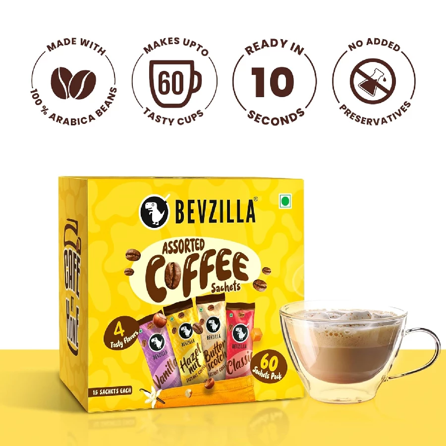 Bevzilla 60 Instant Coffee Powder Sachets(4 Flavours), 60 Sachets-7.webp